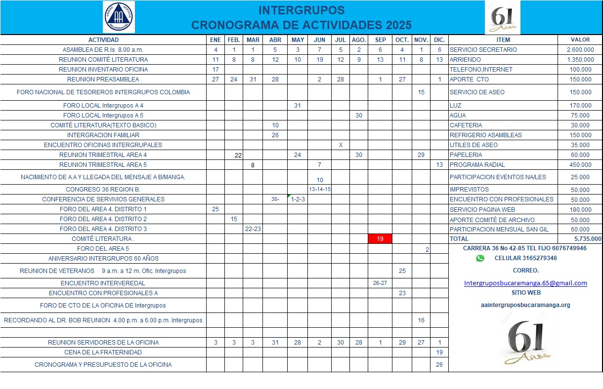 CRONOGRAMA GENERAL DE ACTIVIDADES 2026 - INTERGRUPOS BUCARAMANGA